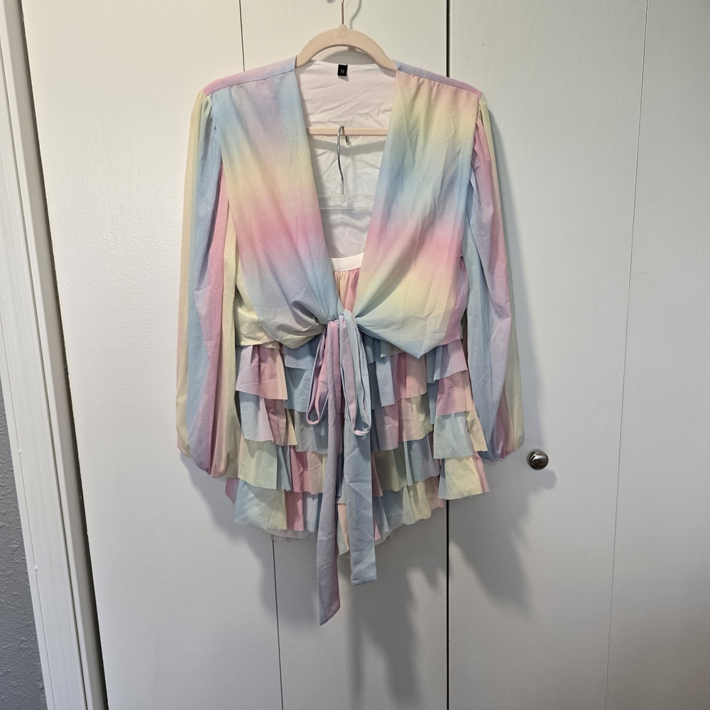 Pastel Rainbow Ruffle Short Tie Top Festival Set
